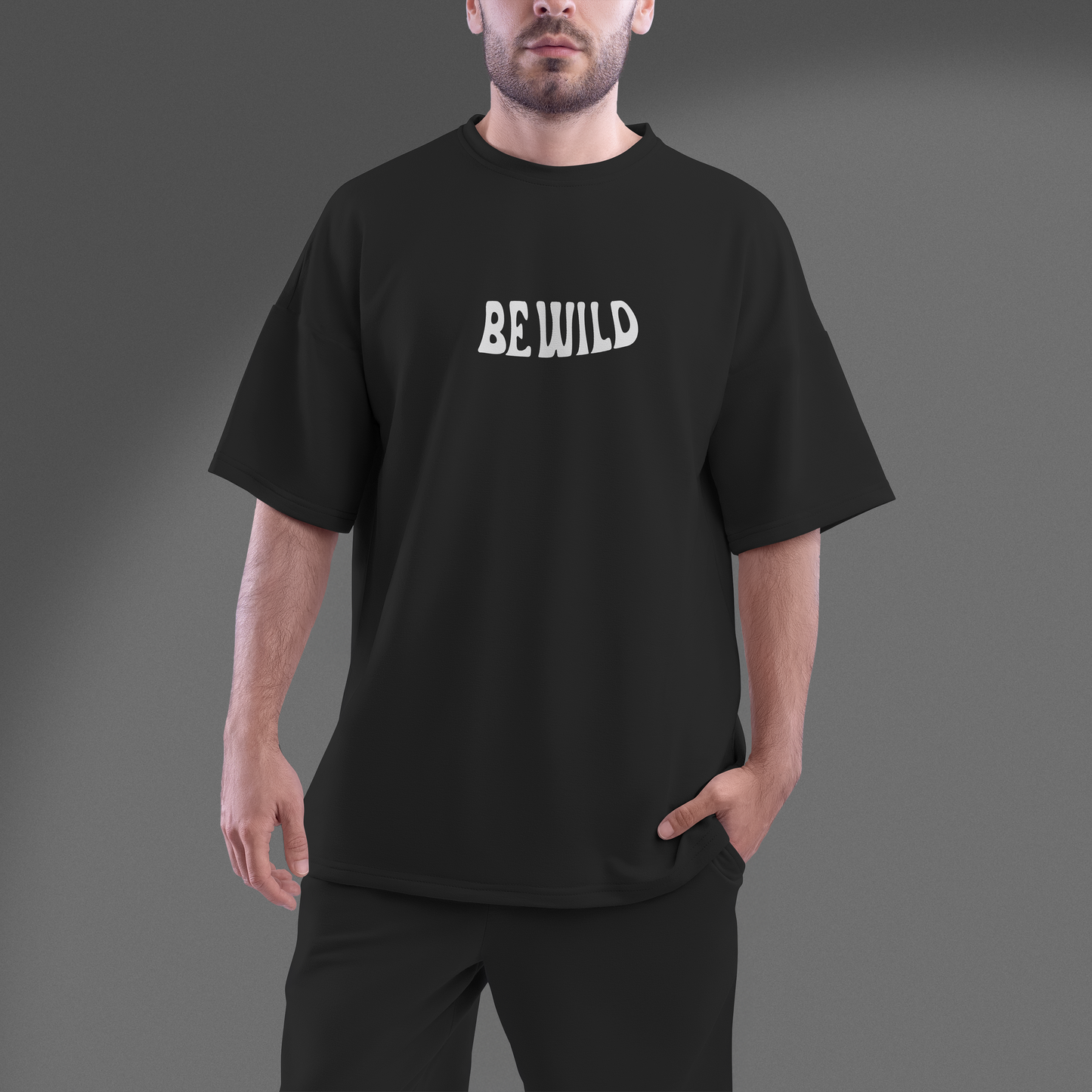 Men's Oversized Black Be Wild Graphic Printed T-Shirt