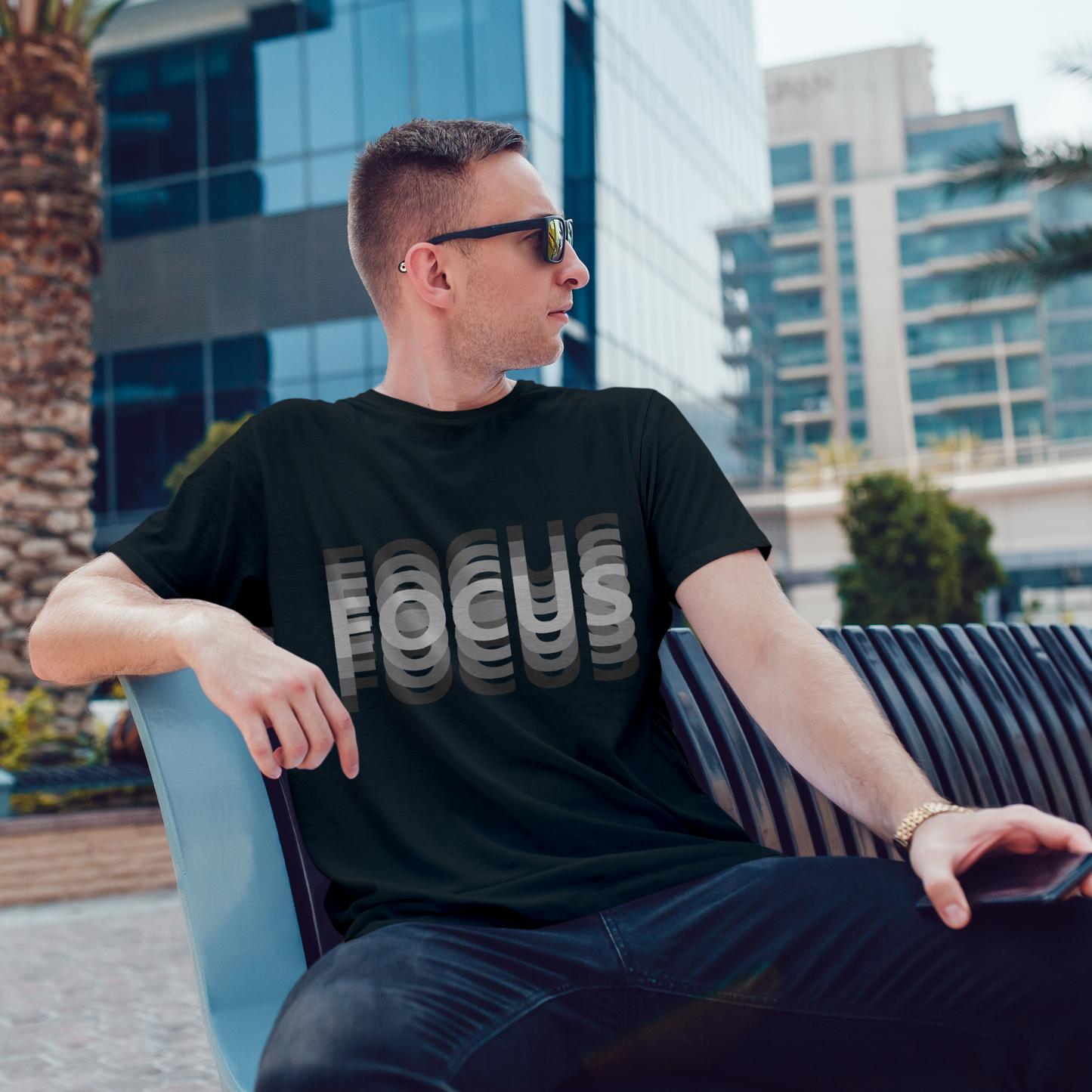 Men's Round Neck Black Focus Graphic Printed T-Shirt