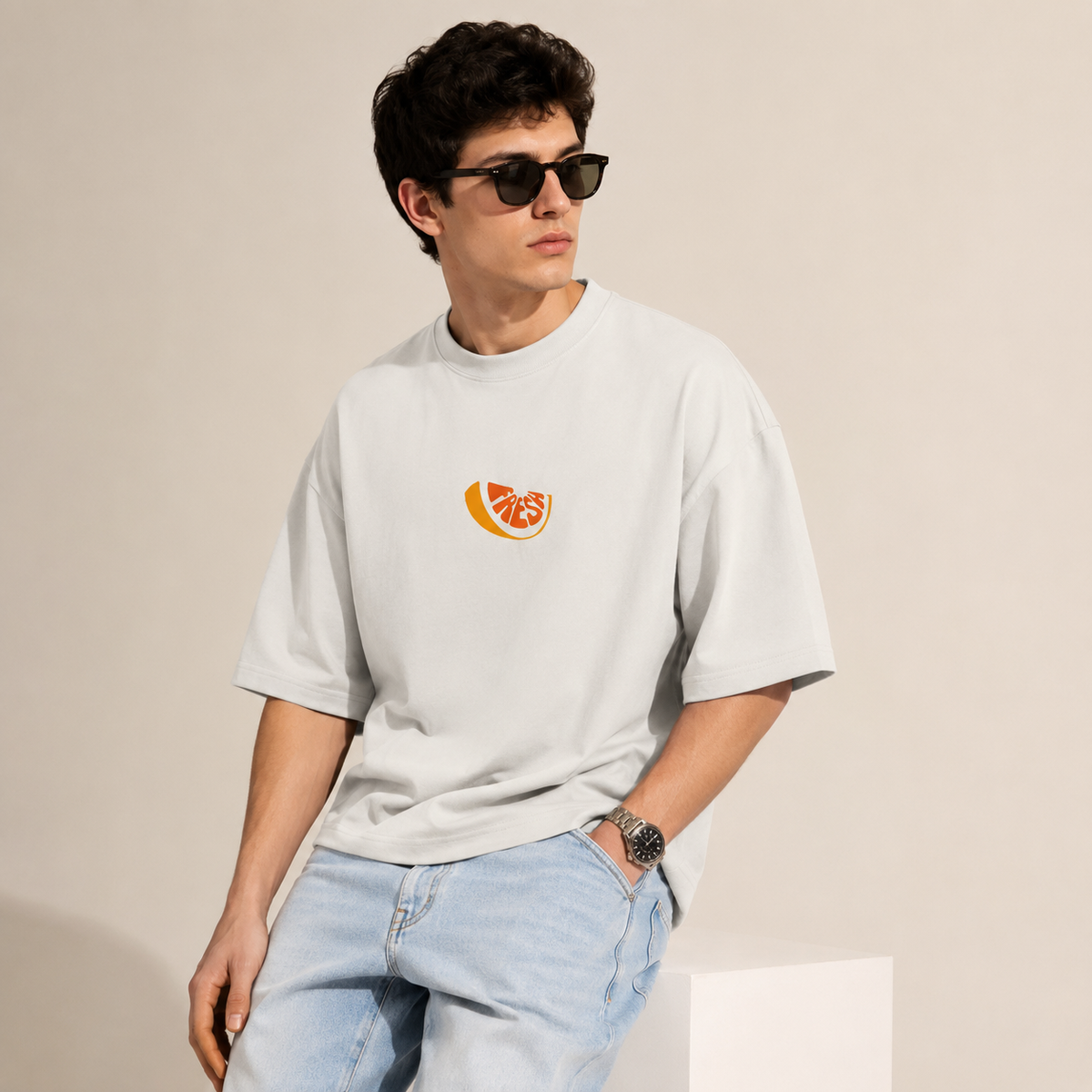 Men's Oversized White Fresh Graphic Printed T-Shirt