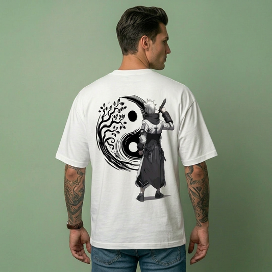 Men's Oversized White Ying Yang Graphic Printed T-Shirt