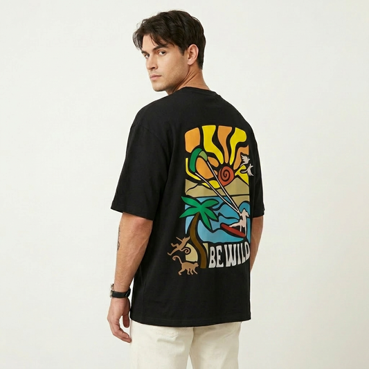 Men's Oversized Black Be Wild Graphic Printed T-Shirt