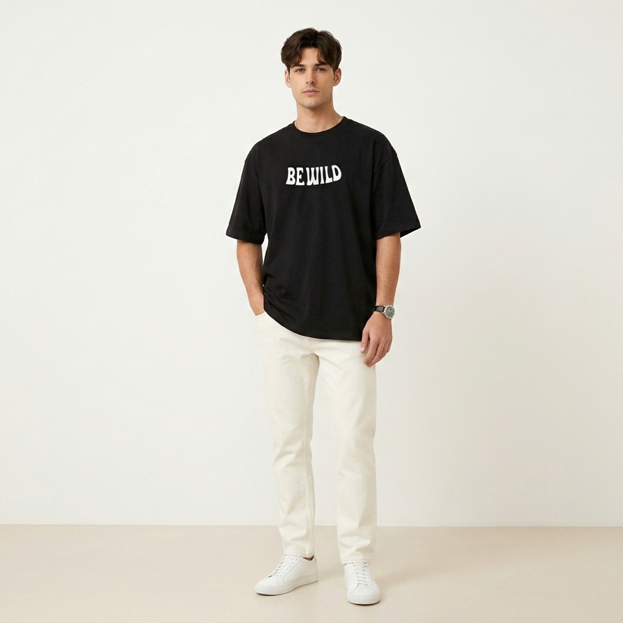 Men's Oversized Black Be Wild Graphic Printed T-Shirt