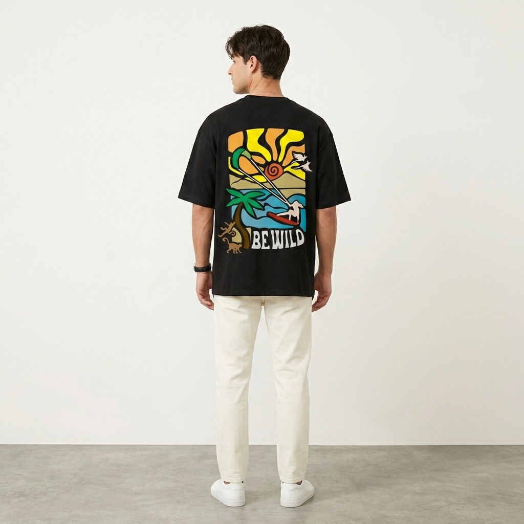 Men's Oversized Black Be Wild Graphic Printed T-Shirt