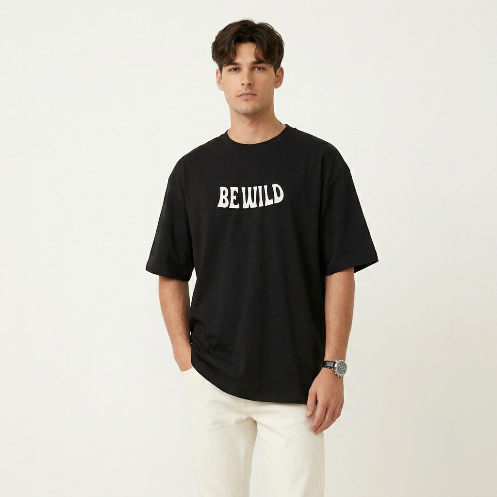Men's Oversized Black Be Wild Graphic Printed T-Shirt