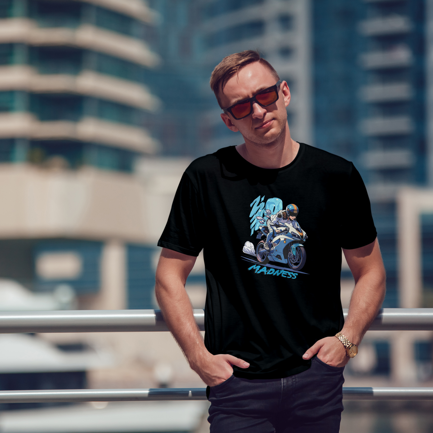 Men's Round Neck Anime Bike Rider Graphic Printed T-Shirt