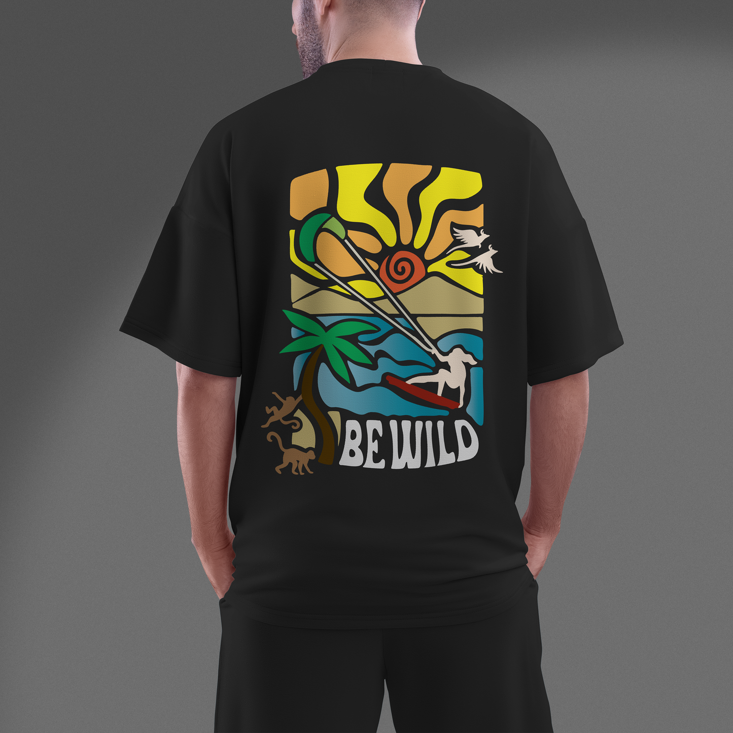 Men's Oversized Black Be Wild Graphic Printed T-Shirt