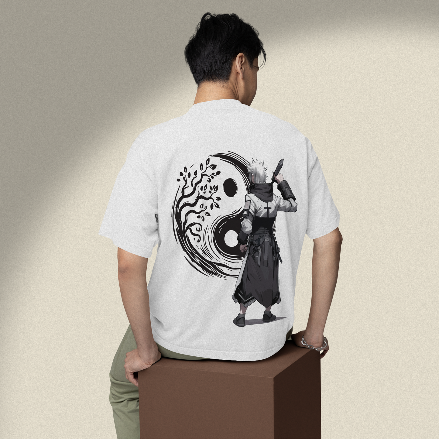 Men's Oversized White Ying Yang Graphic Printed T-Shirt